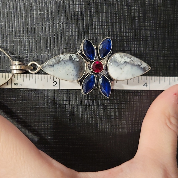 Garnet, Sapphire, Dendrite Opal & 925 Silver Pendant - Picture 5 of 5